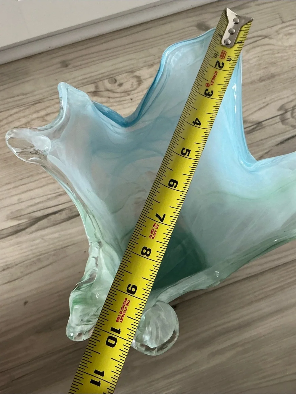 Vtg Lovarazione Art Murano glass aqua blue & green swirl ruffled vase Italy